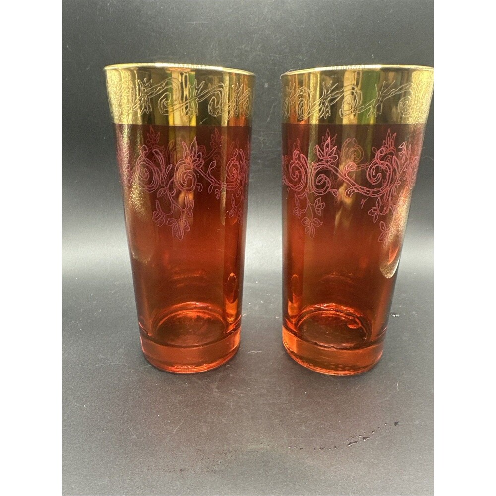 Ruby Red Flashed Gold Banded Iced Tea/Water/Highball/Tom Collins Glass, Italy -2